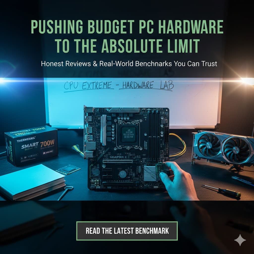 CPUextreme Hardware Lab featuring Gigabyte motherboard and budget PC components