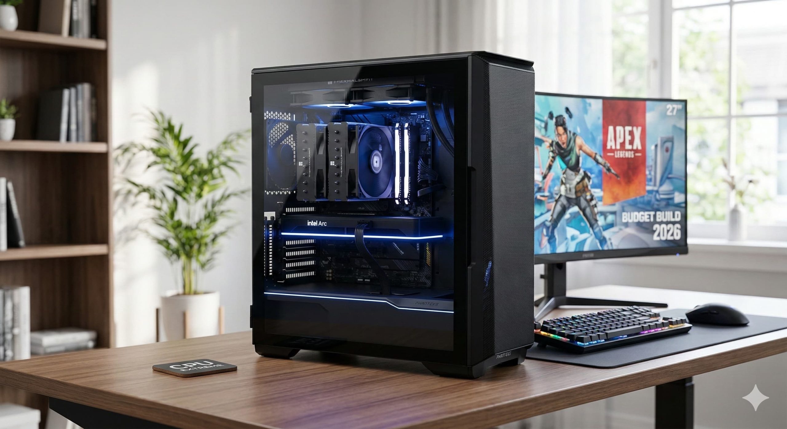 A fully assembled budget gaming PC build for 2026 in a black case with subtle RGB lighting resting on a wooden desk.