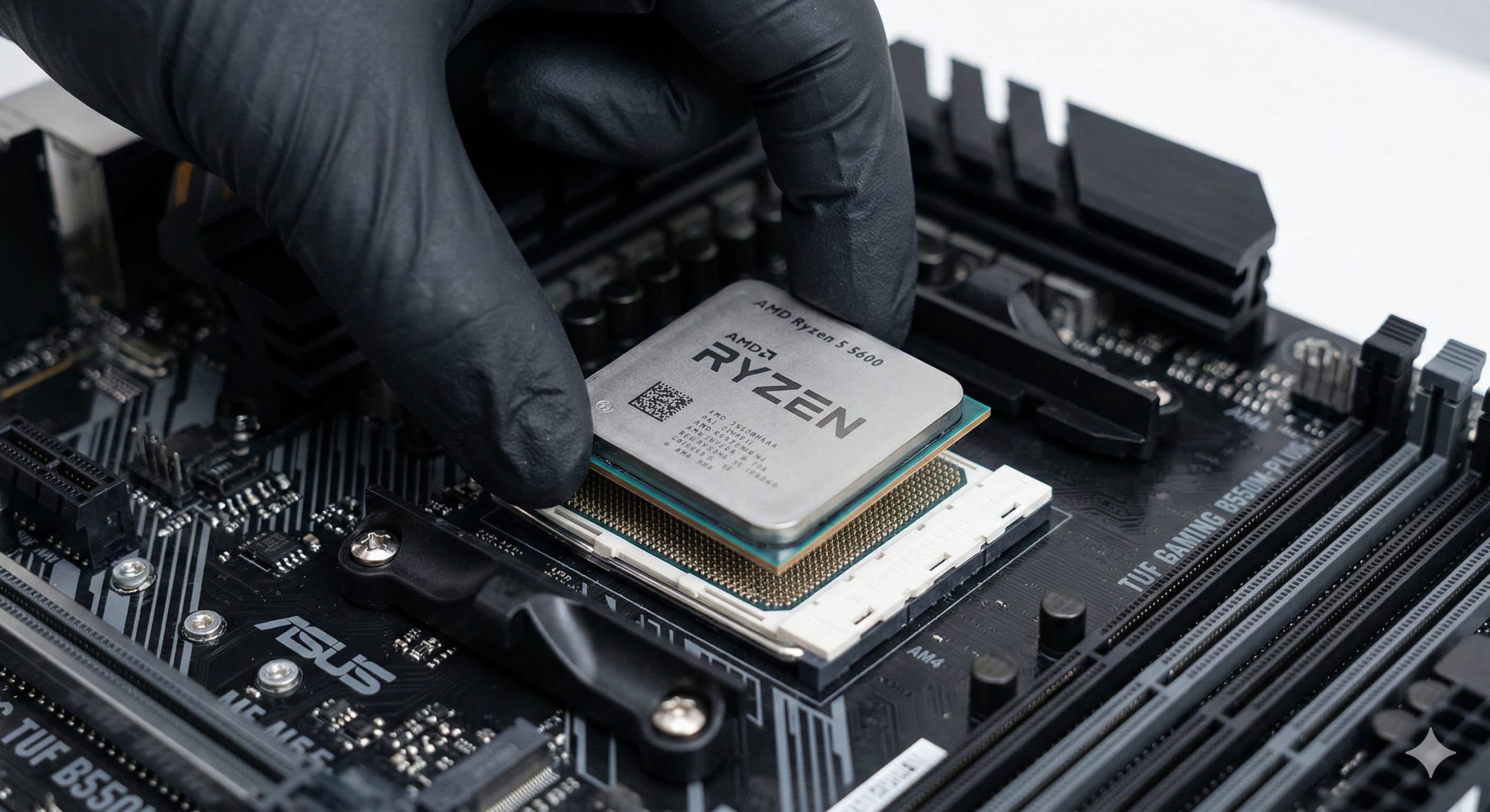 A close-up photograph of a gloved hand carefully installing an AMD Ryzen 5 5600 processor into an AM4 motherboard socket.
