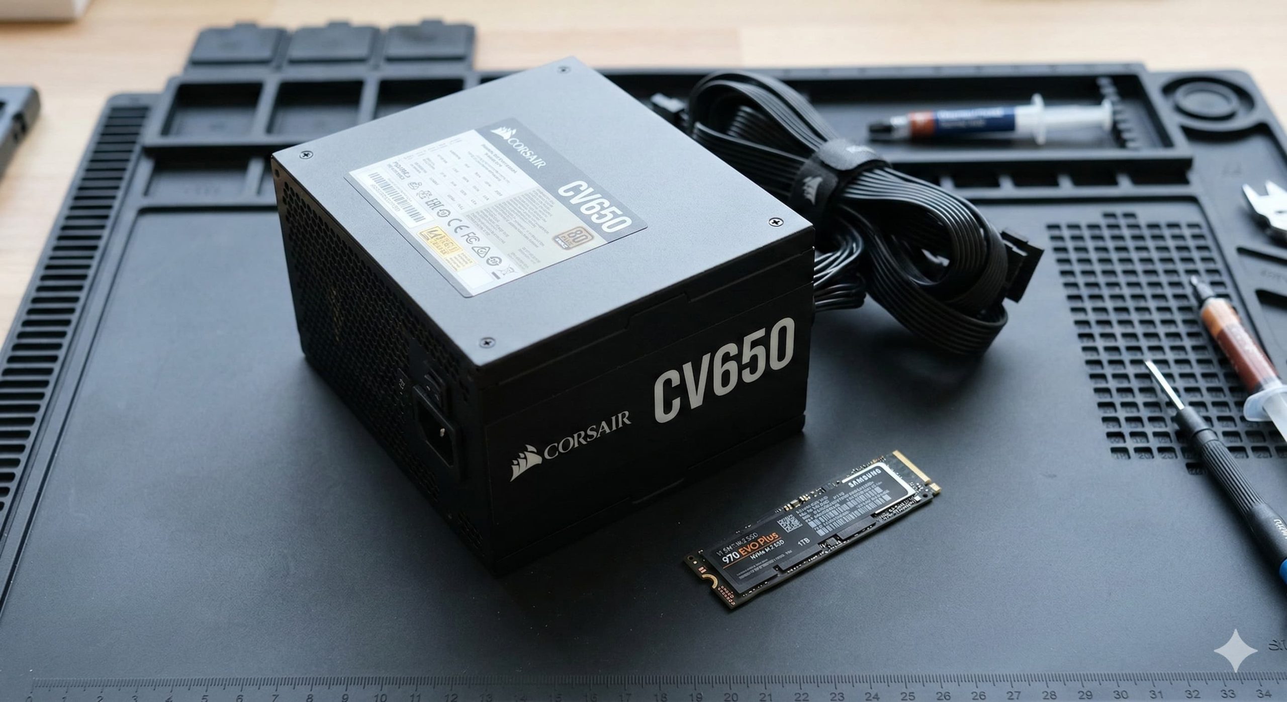 A high-quality 650W Corsair 80 PLUS Bronze power supply and a 1TB NVMe M.2 SSD resting side-by-side on an anti-static work mat.